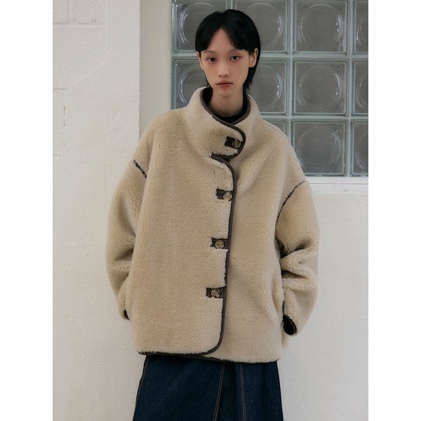 리얼 양털 오버핏 라인 무스탕 자켓 [베이지]
