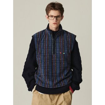 비욘드클로젯 [COLLECTION LINE] 레트로 체크 유니크 로고 하프 집업 플리스 네이비