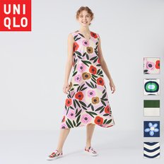 유니클로 여성 marimekko 브이넥 플레어 원피스 466575