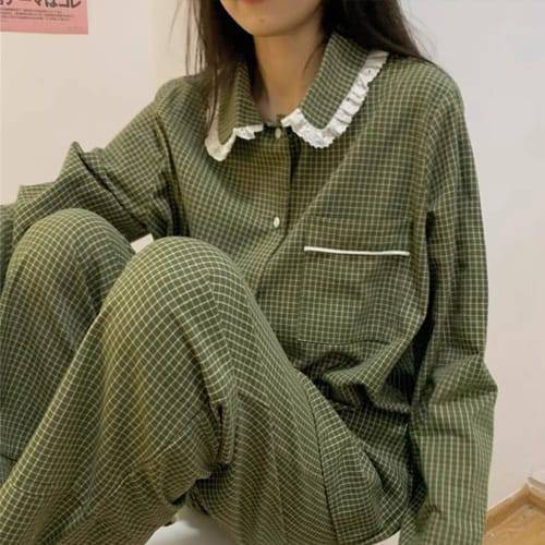 나바바 / NT1275 홈웨어 체크 카라 긴팔 파자마 세트