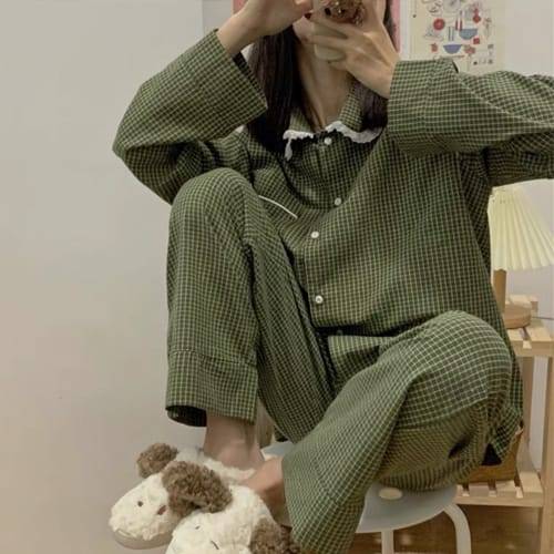 나바바 / NT1275 홈웨어 체크 카라 긴팔 파자마 세트