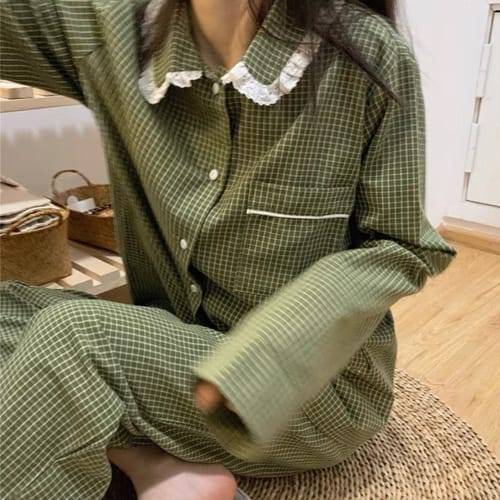 나바바 / NT1275 홈웨어 체크 카라 긴팔 파자마 세트