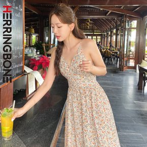 헤링본 플라워 여름 휴양지 롱 비치원피스 나시 브이넥 백리스 바캉스 비치웨어 바캉스 HI180