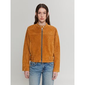 Calf Suede Zip Leather Jacket (Camel)