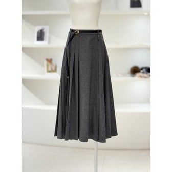 듀엘 [여주점] 여성 벨티드 플리츠 모직 롱 스커트 (L261MSD008)