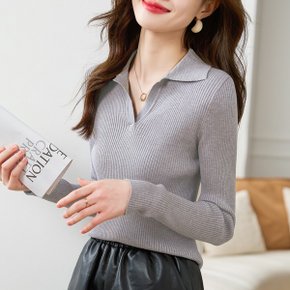 브이넥 카라 골지 니트_P345837787