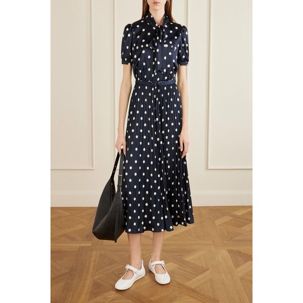 타이 디테일 벨티드 플리츠 폴카 도트 새틴 미디 드레스 46376663163017675