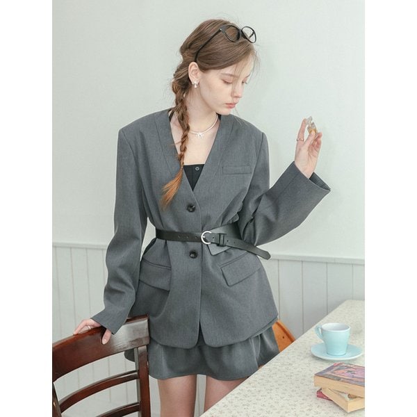 DD_V-neck collarless jacket and skirt set_CHACOAL