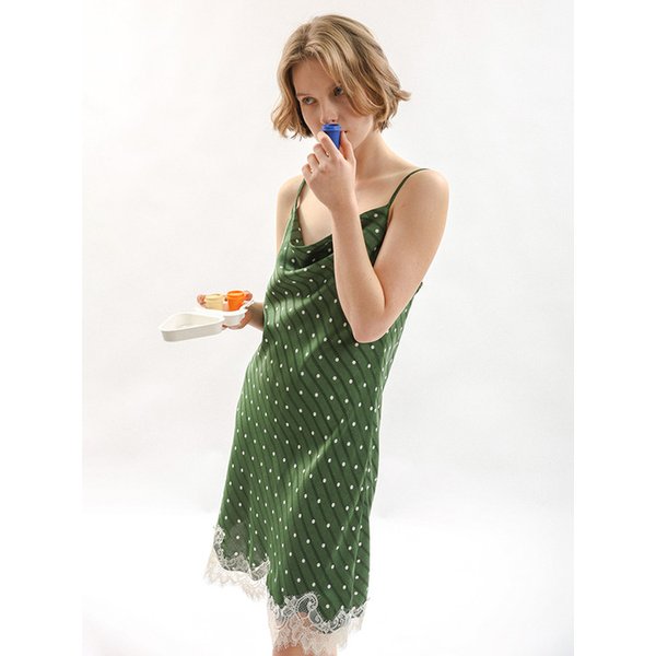 MJ_Dot lace hem slip pajama dress_GREEN
