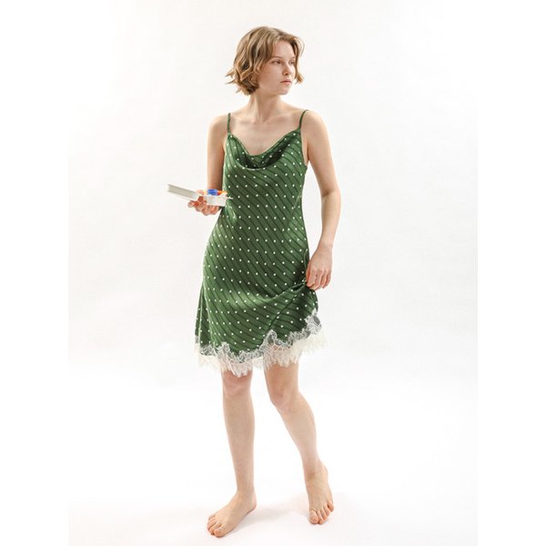 MJ_Dot lace hem slip pajama dress_GREEN