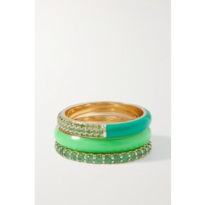 Set Of Three 14-karat Gold, Enamel And Tsavorite Rings 그린