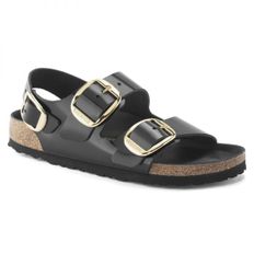 우먼 Birkenstock 밀라노 빅 버클 천연가죽 패턴트 에나멜 - High-Shine 블랙 검정 102