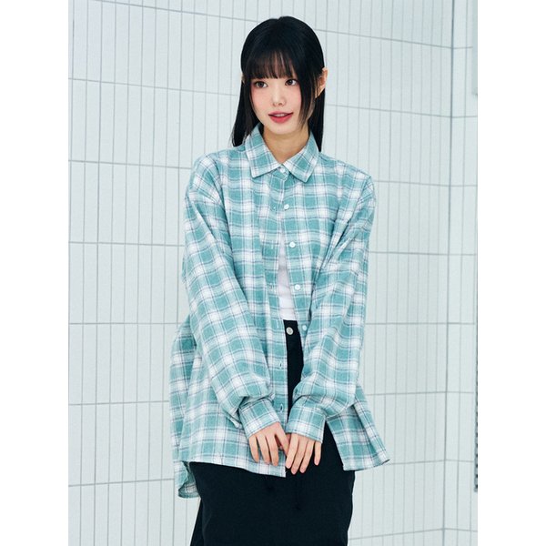 파스텔 타탄 체크 루즈핏 셔츠 그린