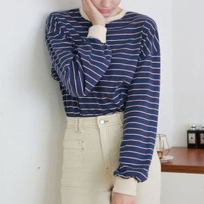 더블단가라배색 라운드박스 긴팔롱티셔츠 가을데일리 빅사이즈 루즈핏 스트라이.._P407632488
