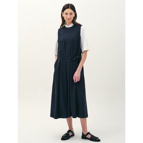 belted pleats dress_navy