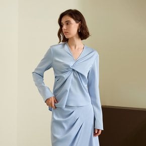 YY_Blue elegant pleated v-neck shirt