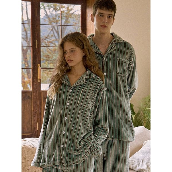 플러피 크리미 긴팔 커플 수면 잠옷 세트 민트