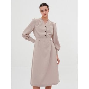 V-neck Long Sleeve Shirt Dress _Beige