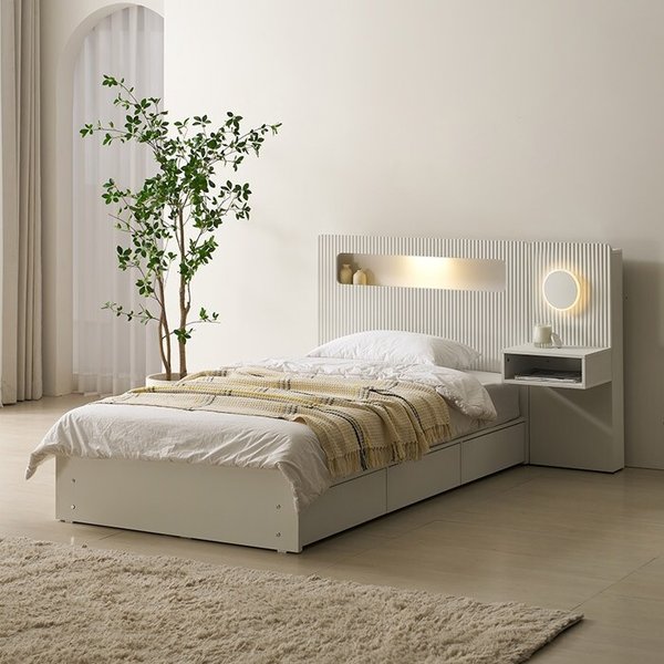 [보루네오]호텔라인 서랍 LED 침대 SS (매트별도,협탁1개) KC822