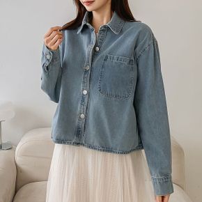 여자 봄데이트룩 포켓 세미크롭 데님셔켓 카라 청자켓_P387394088