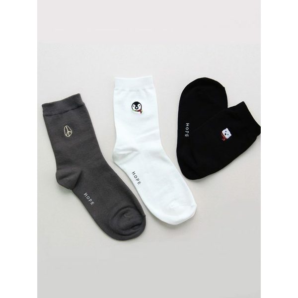 환경기부 1도씨 펭귄 자수 포인트 중목양말_WHITE