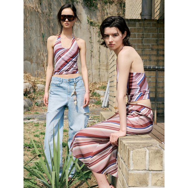 DIAGONAL STRIPE TANKINI TOP_BROWN