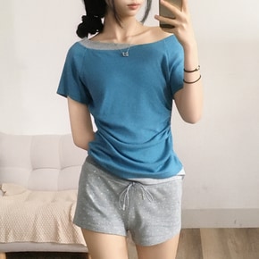 리나 일체형 레이어드 배색 언발 오프숄더 셔링 반팔티4color