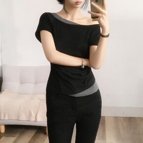 리나 일체형 레이어드 배색 언발 오프숄더 셔링 반팔티4color