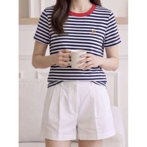 여성 26SS 라운드넥 스트라이프 이니셜 로고자수 단가라 코튼 반팔 티셔츠