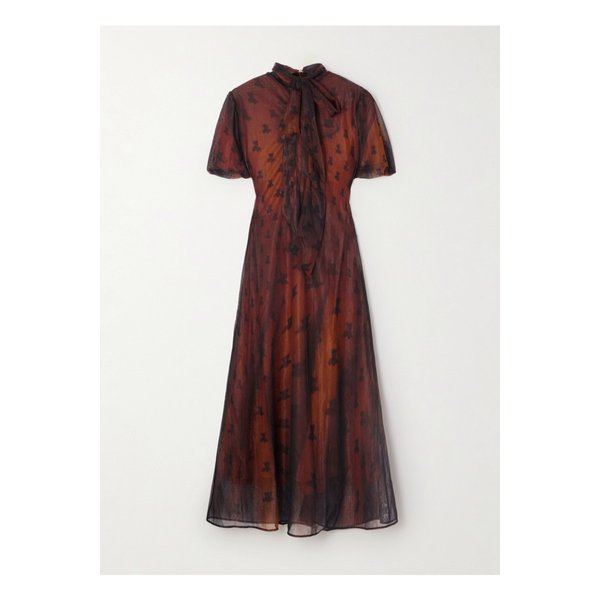 보우 디테일 프린트 시폰 미디 드레스 브라운 46376663162871135