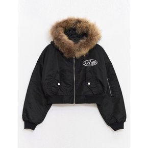 Real Raccoon Fur Hood Flight Jumper Black