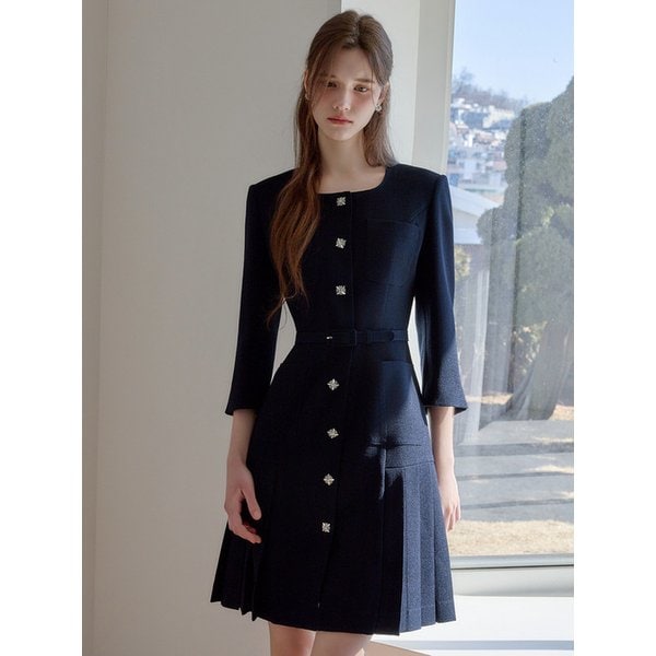 [Y]SS Calla135 쉬비긴즈 엘라플리츠 트위드 원피스 네이비