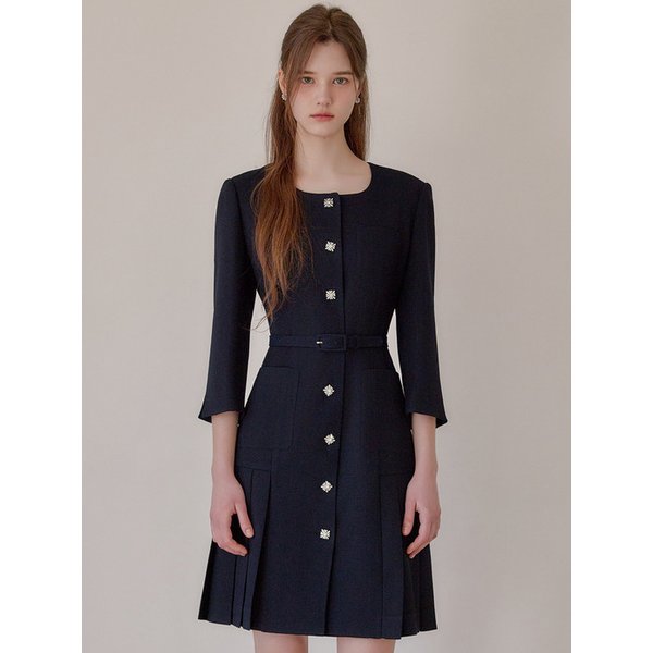 [Y]SS Calla135 쉬비긴즈 엘라플리츠 트위드 원피스 네이비
