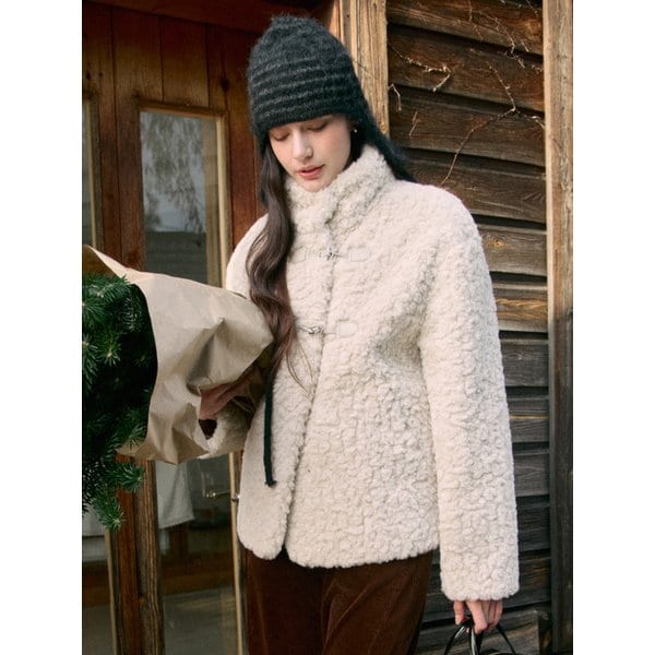 High Neck Toggle Fur Jacket Cream