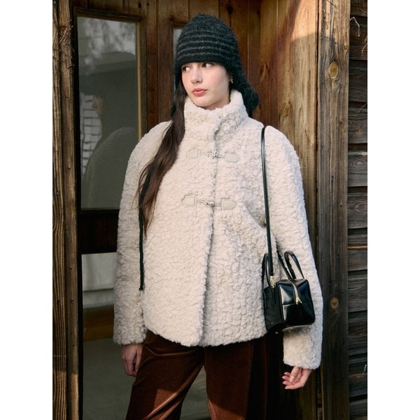 High Neck Toggle Fur Jacket Cream