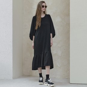 Big Puff Long Shirring Dress - black