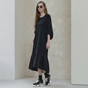 Big Puff Long Shirring Dress - black
