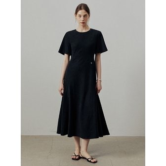 아티드 린넨 플레어 반팔 원피스_BLACK