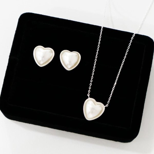 [옷자락] 여자 빅 통통 볼륨 하트 실버 로즈 볼드 쥬얼리 세트