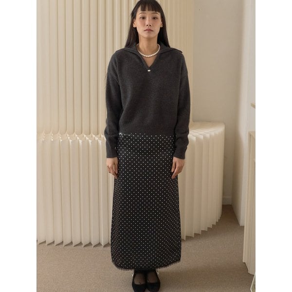 Polka Dot Satin Long Skirt_Black