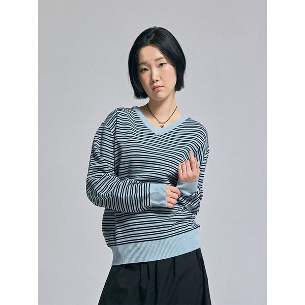 클래식(스트라이프)브이넥 니트 스카이블루