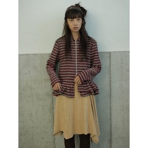 Flat collar stripe zip-up cardigan_red