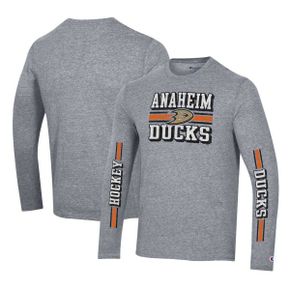 4806842 Champion Mens Heather Gray Anaheim Ducks Tri-Blend Dual-Stripe Long Sleeve T-Shirt