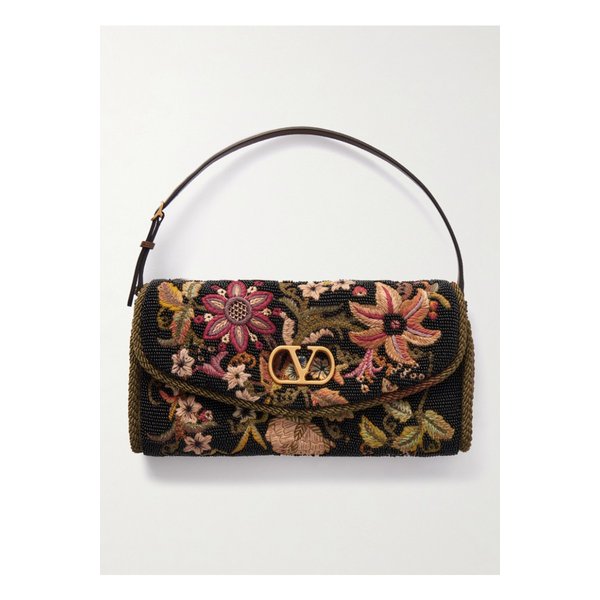 베인 가죽 트리밍 비즈 자수 토트 브라운 46376663162845182