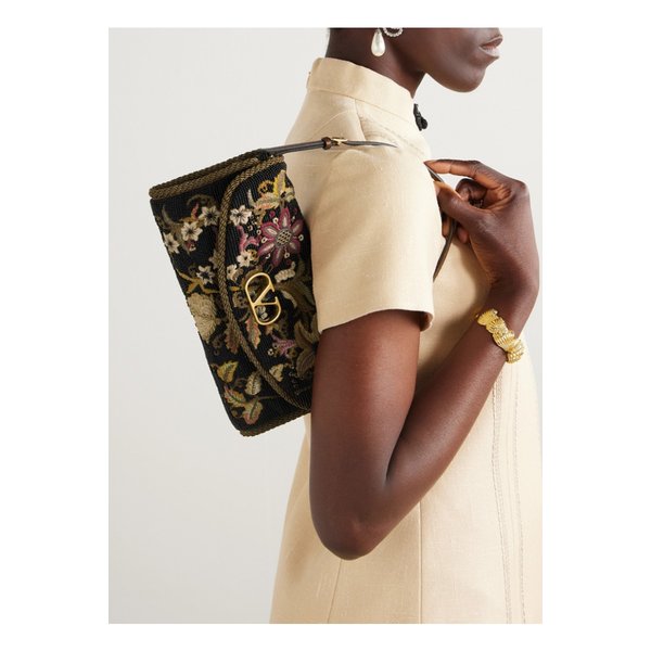 베인 가죽 트리밍 비즈 자수 토트 브라운 46376663162845182