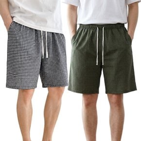 남성 지지미 체크 파자마 5부 반바지 주머니 밴딩 여름 잠옷 홈웨어
