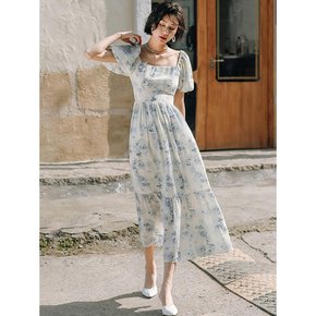 LS_French square neck puff long dress