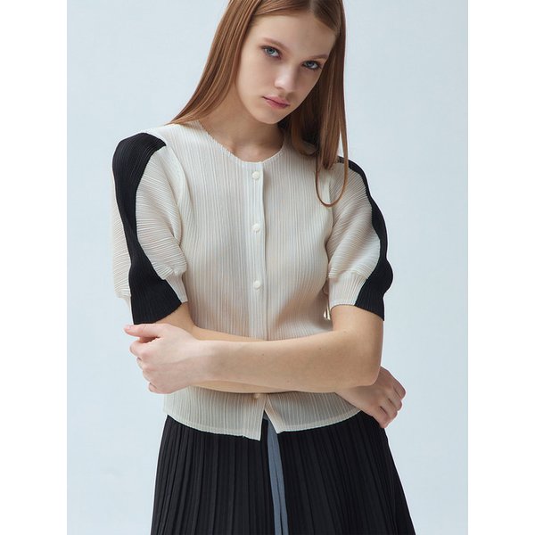 소매 배색 플리츠 스냅 블라우스_2colors