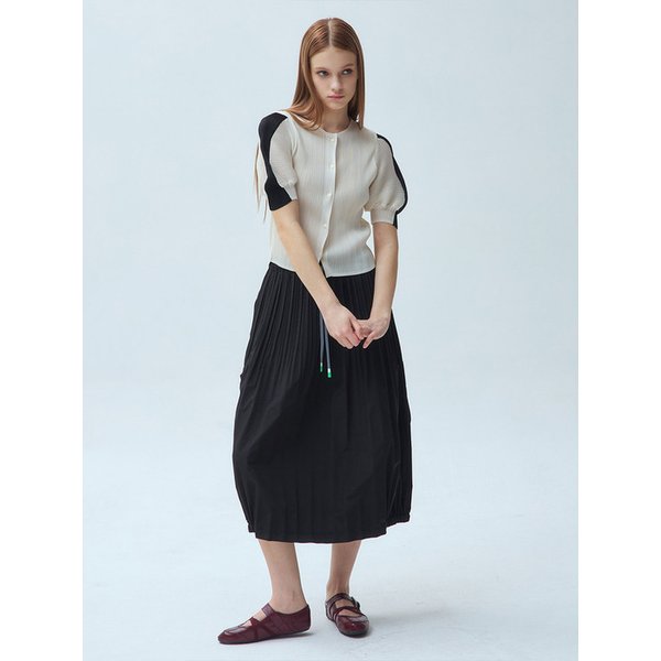 소매 배색 플리츠 스냅 블라우스_2colors