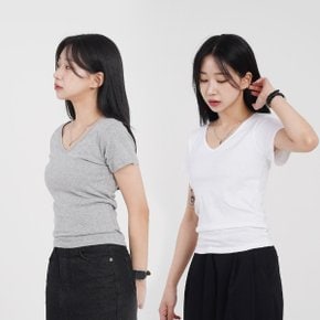 여성 브이넥 반팔티 기본 무지 이너 슬림핏 흰 면티_P400130981